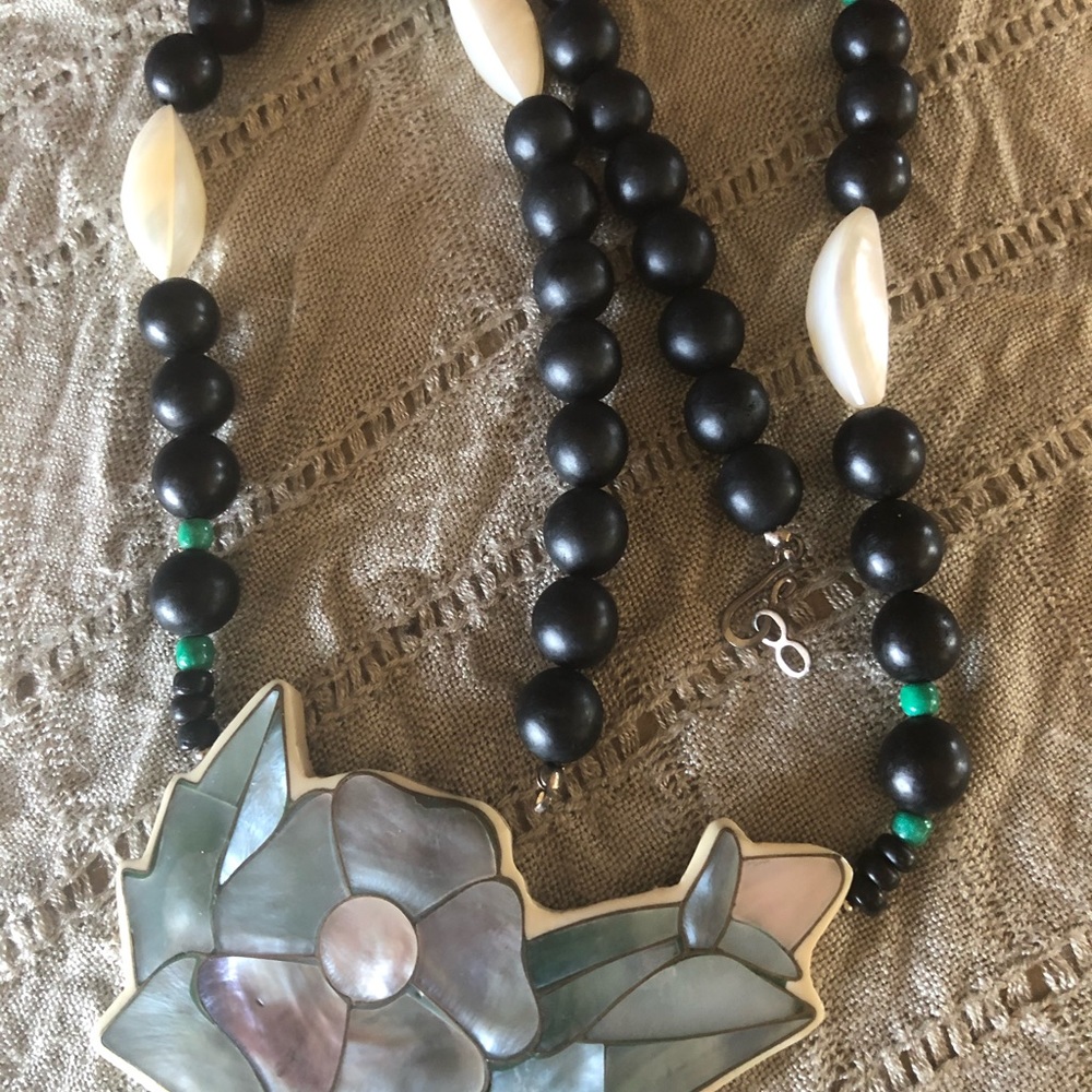 Vintage 80 statement necklace ceramic and floral 11 inch drop. - Picture 3 of 4